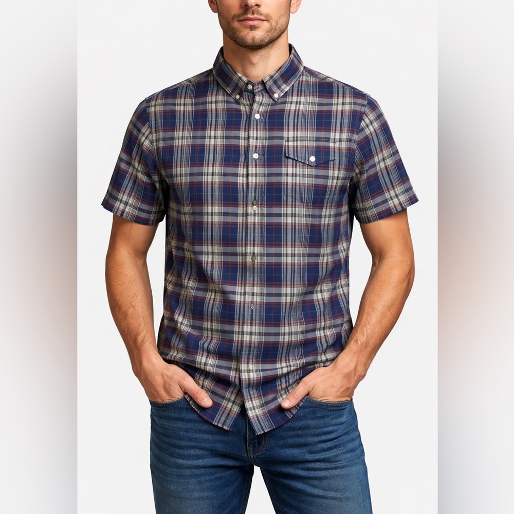 Jachs NY Plaid Short Sleeve Button Shirt Men’s Medium Blue Red Casual Cotton